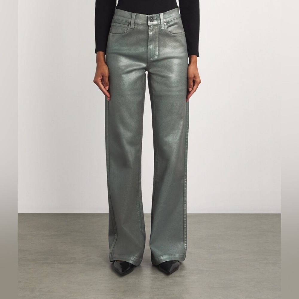 NWT PAIGE Leenah Luxe Coating Wide Leg Jeans Mystical Green Women’s Size 26